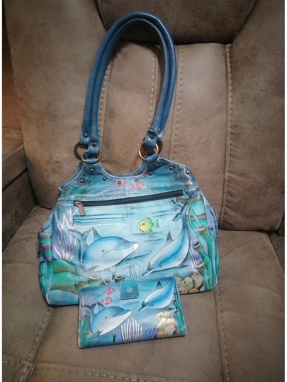 VTG Anuschka Hand Painted Leather Dolphin World Shoulder Bag & Tri Wallet